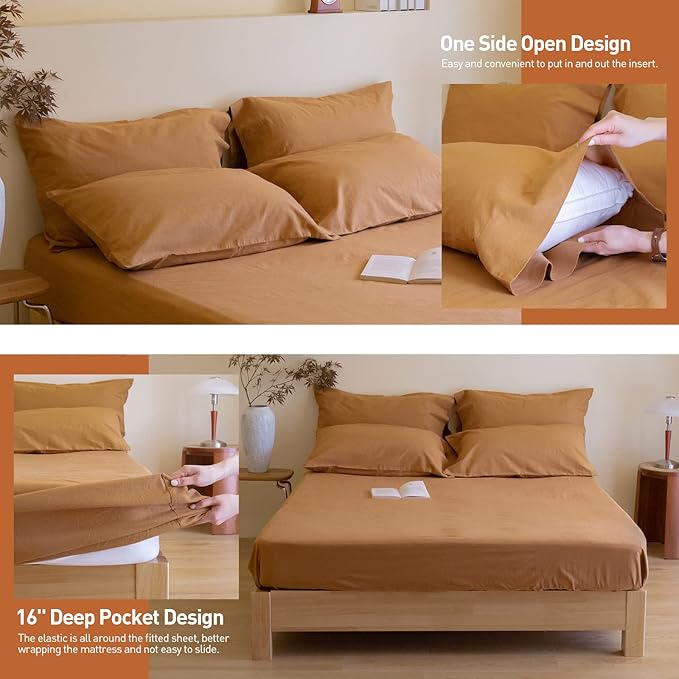 Simple&Opulence Belgian Linen Sheet Set Solid Color - 6 Pieces (1 Flat Sheet & 1 Fitted Sheet & 4 Pillowcases) 16" Deep Pocket Natural Flax Cotton Blended Soft Bedding - Rust, King Size