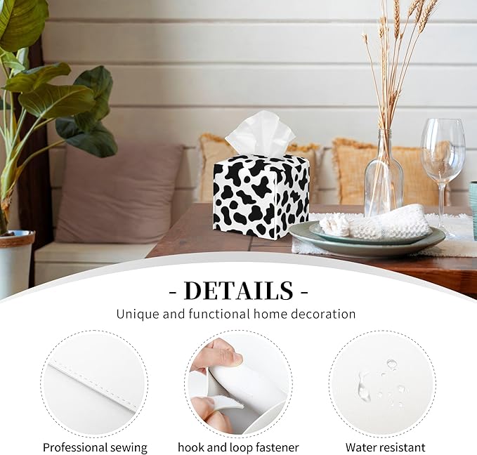 POIUBLE Cow Print Tissue Box Cover Leather Tissue Box Holder Square Facial Paper Organizer Dispenser for Bathroom Kitchen Bedroom Vanity Countertop Night Stands
