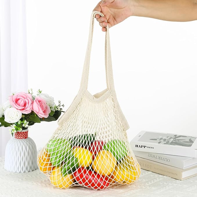 Gtziqa 2 Pack Reusable Mesh Grocery Bags, String Bags Cotton Net Tote Produce Bag Washable Long Handle Farmers Market Bag Portable Fruit and Vegetable Bags, Beige