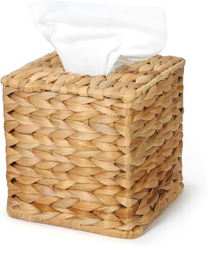 MHCLUE Water Hyacinth Square Tissue Box Cover - Handwoven Natural Fiber Decorative Tissue Holder for Living Room, Bedroom, Bathroom, Fits Standard Square Tissue Boxes, Farmhouse Home Organizer