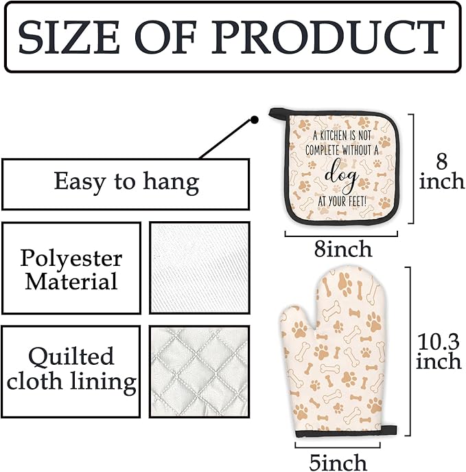 Dog Oven Mitts and Pot Holders Sets, Dog Lover Gifts for Women, Dog Paw Kitchen Accessories Sets, Complete Without a Dog at You Feet Heat Resistant Oven Glove Potholders for Kitchen Baking