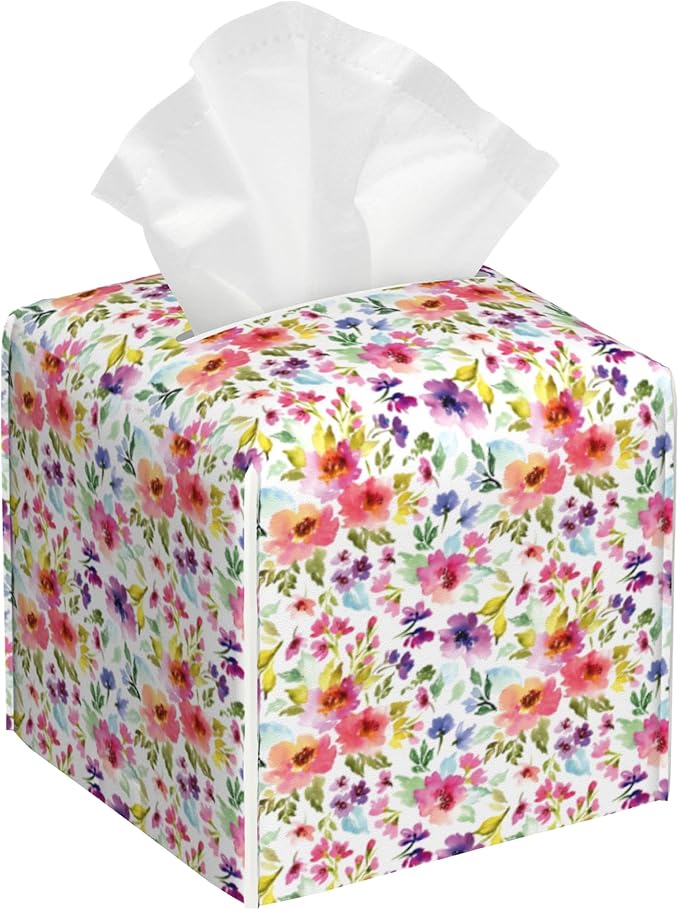 Colorful Flowers Floral Tissue Box Cover Square Leather Tissue Holder Waterproof Facial Paper Organizer Dispenser Cube Paper Cover Case for Home Office Bathroom Vanity Countertop