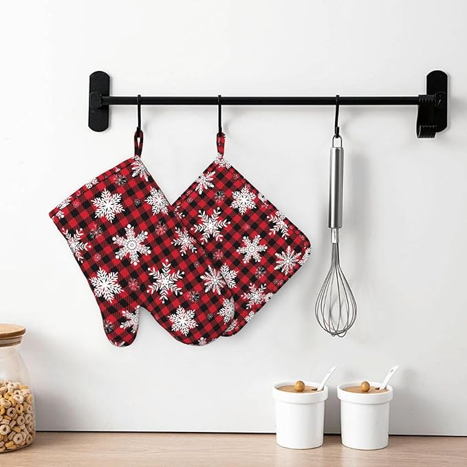 Red Black Buffalo Plaid Oven Mitts and Pot Holders Set, 4pcs Winter White Snowflakes Christmas Silicone Oven Glove for Kitchen Heat Resistant Oven Mitts and Potholders Non-Slip for Cooking