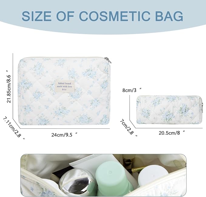 Gosect 2PC Makeup Bag Set, Cute Cosmetic Bag for Women Girls, Floral Coquette Aesthetic Toiletry Bag, Travel Make Up Organizer Bag (Blue Rose)
