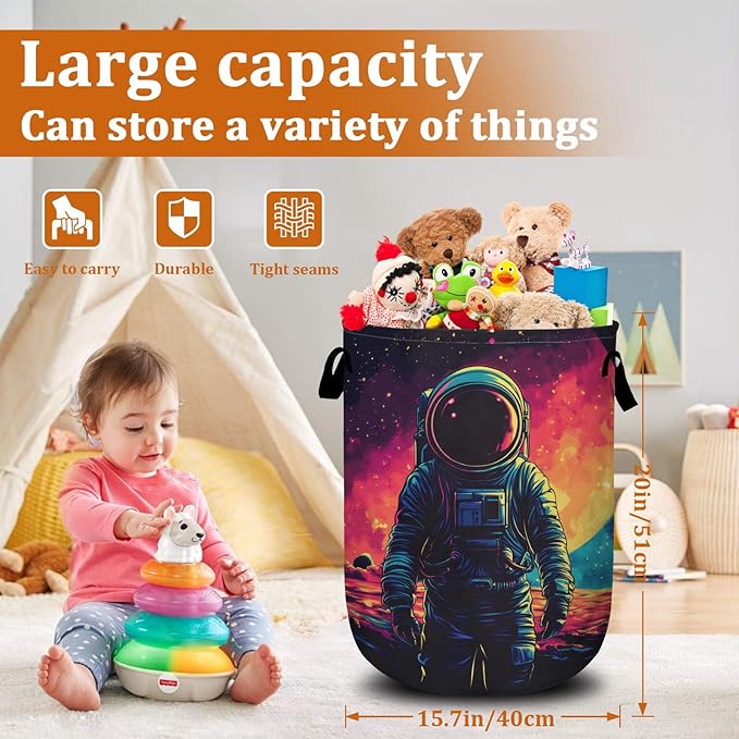 Astronaut Laundry Basket with Sturdy Handles, Universe Planet Collapsible Oxford Cloth Laundry Hamper Organizer Basket for Bathroom Bedroom 15.7x20 Inch