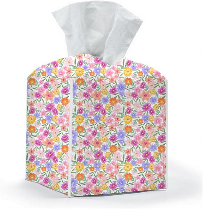 Tissue Box Cover, Tissue Box Holder, Square with Belt Bottom, PU Leather Decorative Organizer for Desk, Tabletop, Countertop Room, Toilet Car, Office, Dresser Bedside, Aesthetic Colorful Flower Decor