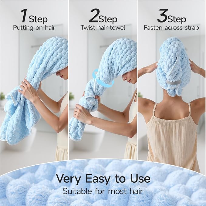 REDKISS Blue Microfiber Hair Towels - Extra Large Hair Towel Wrap for Women, 24x42 inch Hair Towels with Elastic Strap, Super Soft Hair Drying Towels for Long, Thick, Curly Anti Frizz Turbans