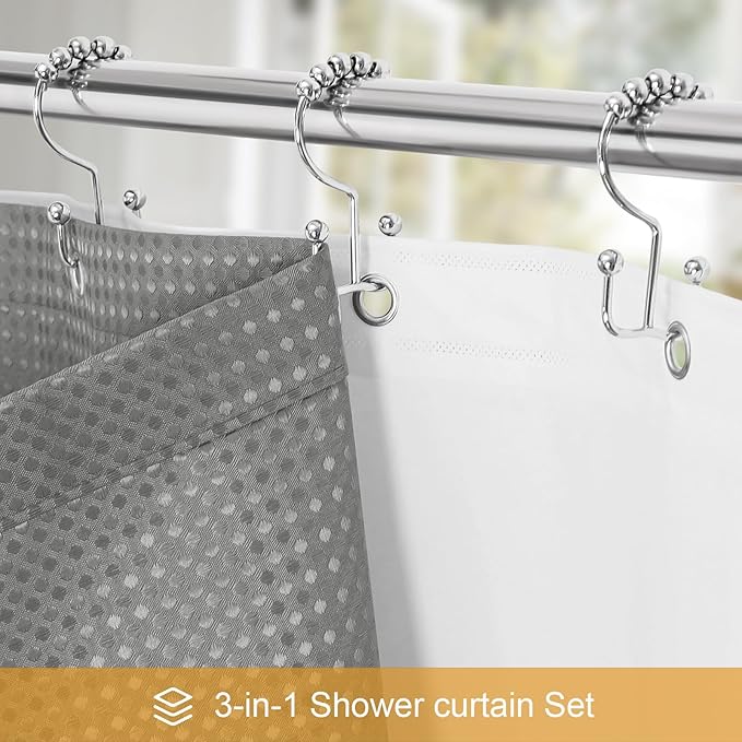 Craidlela 3 in 1 Shower Curtain Set, Grey Waffle Shower Curtain and PEVA Liner Set with 12 Stainless Steel Shower Curtain Hooks, Gray Waterproof Fabric Shower Curtains for Bathroom, 72 W x 72 H