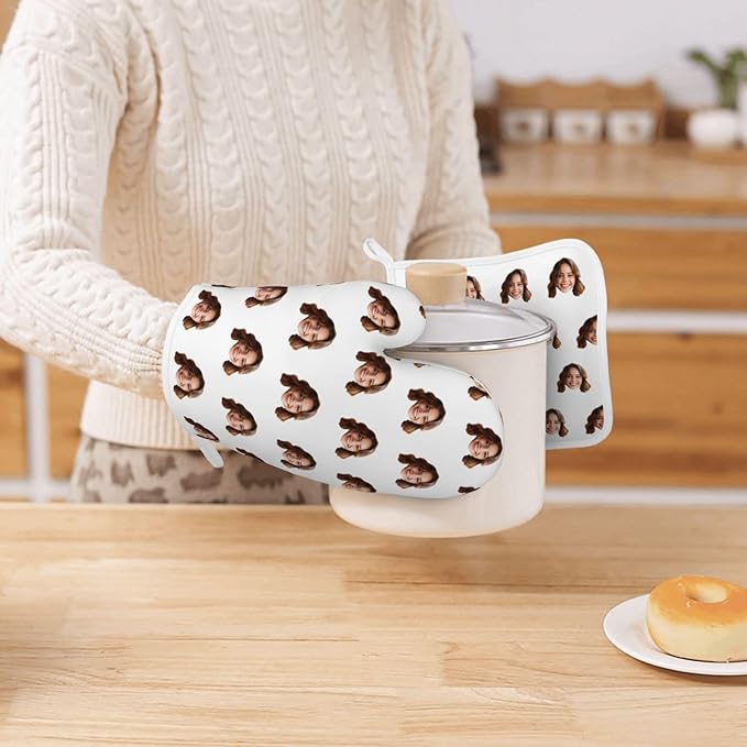 Custom Oven Mitt and Pot Holder with Your Face, Customizable 2 Pcs Silicone Oven Glove and Potholders Personalized Kitchen Gifts for Chefs Cooking Lovers