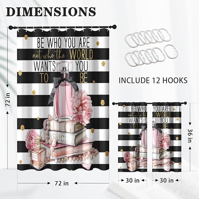 Culudea Pink Fashion Inspirational Quotes Perfume Shower Curtain Set, Floral Woman Girl Bathroom Window Waterproof Shower Curtain Set for Bathroom Decor