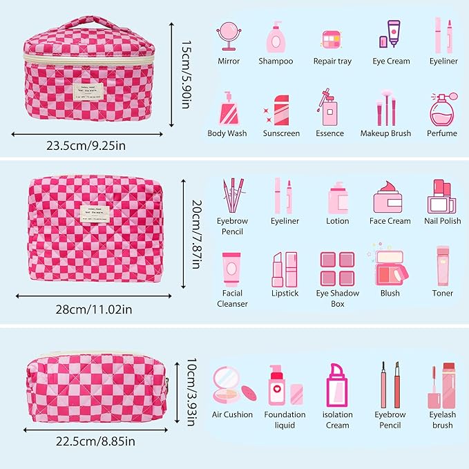 Cozomga Quilted Makeup Bag, Large Capacity Travel Cosmetic Bag for Women and Girls, Aesthetic Storage for Daily and Travel Use (3pcs-PinkChecker)
