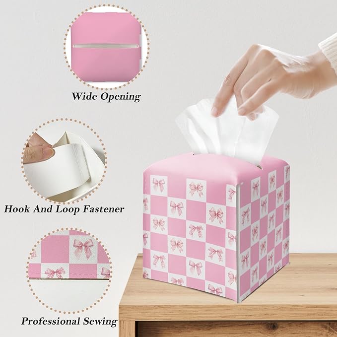 Pink Gingham Bow Tissue Box Cover Square, Leather Tissue Holder with Bottom Belt, for Nightstands Desks Office Bathroom Car Vanity Home Decor Supplies -006