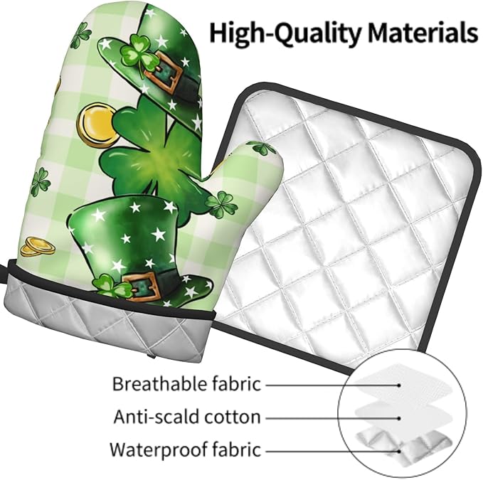 St Patricks Day Shamrock Hat Oven Mitts and Pot Holders Set of 2 Clover Gold Coin Heat Resistant Potholders Oven Hot Pads Buffalo Plaid Oven Gloves Accessories for Kitchen Chef Cooking BBQ