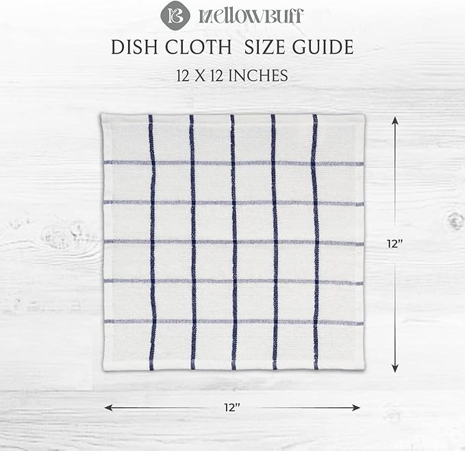 Mellow Buff 100% Cotton Terry Dish Cloth & Dish Towel, 6 Pack, Super Soft and Absorbent Kitchen Towels, Perfect for Kitchen Cleaning and Dish Washing (Navy (Solid and Check) 8 Pack)