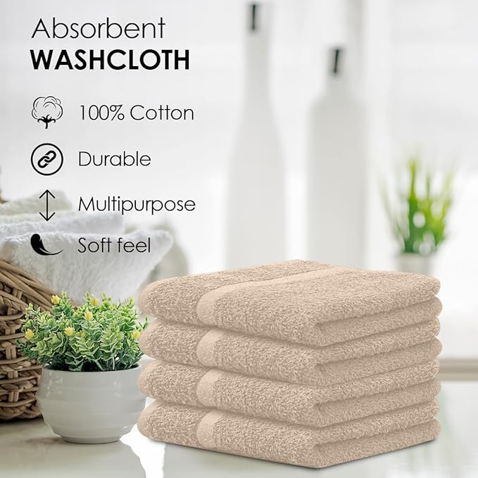 Avalon Towels Cotton Washcloths – (Pack of 60) Size 12x12 Inches, 100% Ring Spun Cotton, Soft & Absorbent Face Towels, Gym Towels, Hotel and Spa Quality, Reusable Fingertip Towels (Natural)