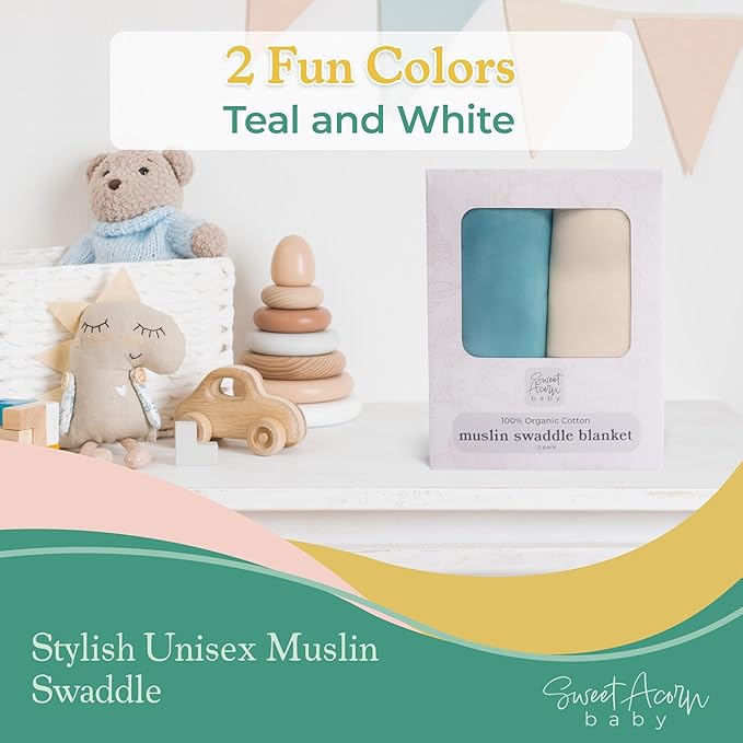 Sweet Acorn Muslin Swaddle Blanket – Soft Cotton Muslin Baby Blanket for Newborns, Infants, and Toddlers, All-Season Comfort Baby Essential - Teal and White