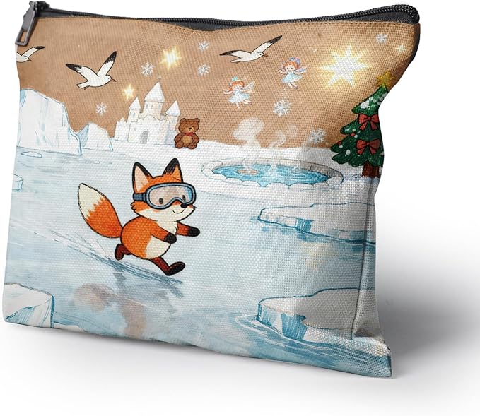 Cafl Fox Ice Skating Makeup Bag Travel Large Fox Cosmetic Bag Organizer toiletry Essentials Jewelry Zipper Bag Gift For Women -10×8 inch