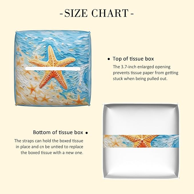 POIUBLE Tissue Box Holder Beach Starfish Tissue Box Cover Square Leather Tissue Holder Organizer Portable Decorative Facial Paper Case for Home Office Bathroom Vanity Countertop