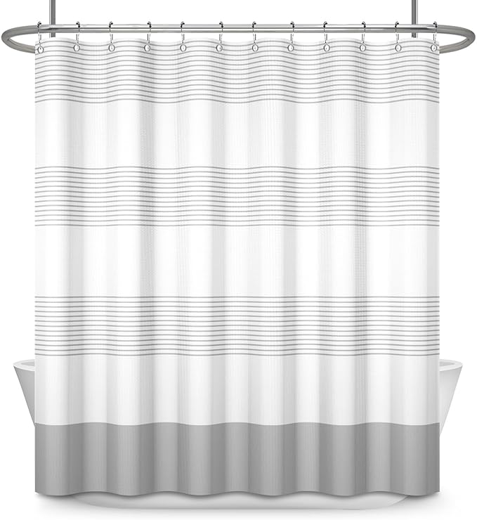 ggaimwf 71x71 Inch Striped White Grey Waffle Shower Curtain Plaid Texture Nautical Stall Bath Curtain Rustic Farmhouse Boho Neutral Bathtub Curtain for Kids Bathroom Decor Waterproof with Hooks
