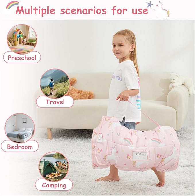 Toddler Nap Mat with Pillow and Blanket, Extra Large Rolled Napping Mats,Toddler Sleeping Bag for Daycare,Kids Sleeping Bags for Sleepover,Toddler Sleeping Bag Camping