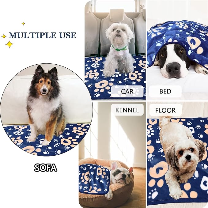 AHOOCUSTOM Dog Blanket, Soft Fleece Dog Blankets for Large Dogs, Fluffy Flannel Pet Cat Puppy Blanket Mat Cover for Bed Couch, Cute Paw Print Throw Blanket for Dogs, Blue 50"X40"
