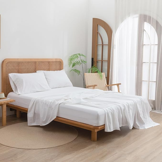 BESTOUCH Sheet Set 100% Washed Cotton Linen Feel Super Soft Comfortable Chic Lightweight 3 Pcs Home Bedding Set Solid Bright White Twin
