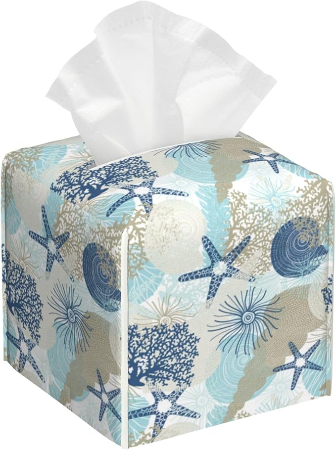 POIUBLE Tissue Box Holder Corals and Seashells Tissue Box Cover Square Leather Tissue Holder Organizer Portable Decorative Facial Paper Case for Home Office Bathroom Vanity Countertop