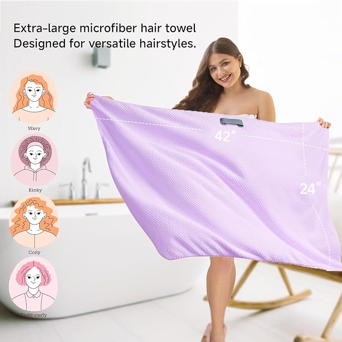 Netcken Large Microfiber Hair Towel for Women,Super Soft Anti Frizz & Quick Dry for Curly Hair,Ultra Absorbent Hair Wrap Towels for Long,Thick,Wet Hair 24x42 Inches (Purple)