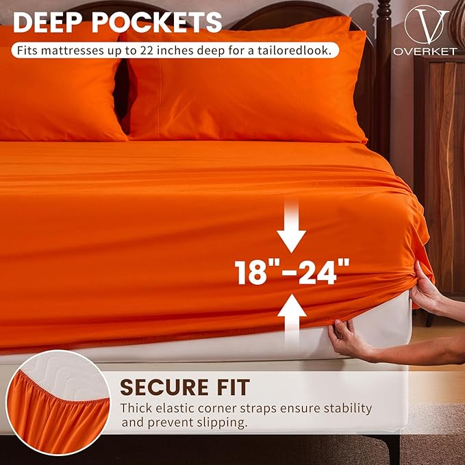 100% Linen Sheet Set Cal King Size Extra Deep Pocket Fits 18-24 Inch Mattress, Breathable & Soft, Smooth 6-Piece Set for Thick Mattresses Hotel Luxury Bedding（Cal King, Orange）