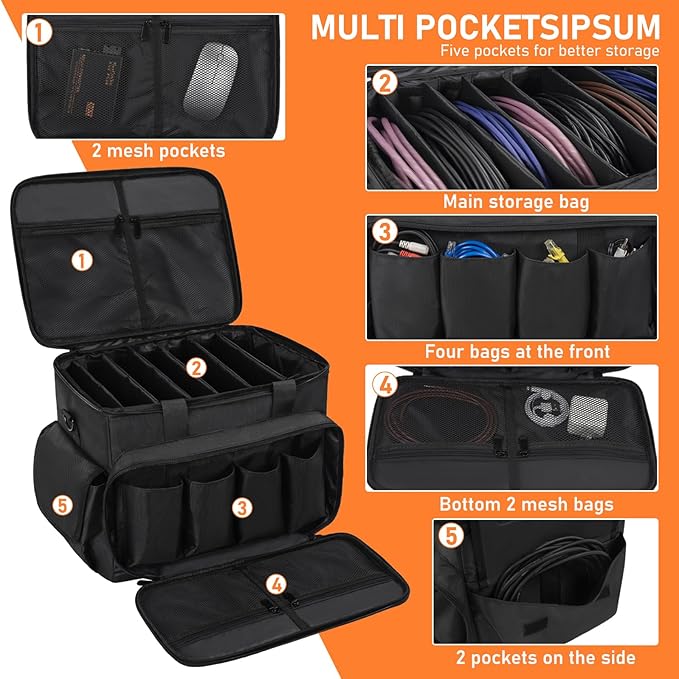 IBVIVIC DJ Cable File Bag with 6 Detachable Dividers High Capacity Gig Cable Bag for Cords,DJ Gear,Sound Instrument and Accessories, Black