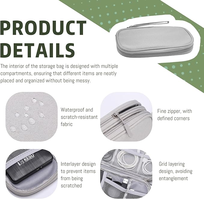 OBHEI Electronic Organizer Double Layer, Water Resistant Cable Organizer Bag for Travel Essentials, Cord, Charger, Phone, Earphone, Large Size,Accessories Travel Essentials (Grey, Single-Layer)