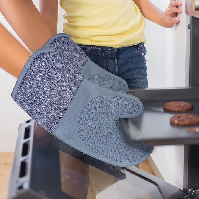 Homewear Marlow Silicone Extra Long Oven Mitt 2 Piece Set, Heat and Slip Resistant, Recycled Cotton with Soft Lining, Thick Kitchen Gloves for Cooking, Slate
