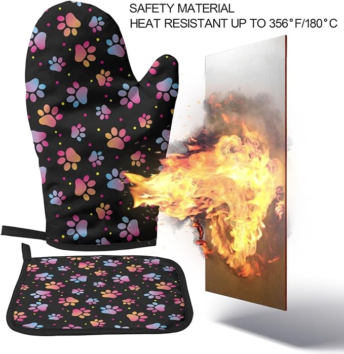 Dog Animal Paws Print Oven Mitts and Pot Holders Insulated Gloves & Kitchen Counter Safe Mats for Cooking BBQ Baking Grilling (2-Piece Set)