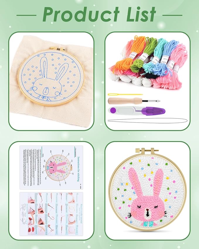 ERKOON Punch Needle Kit Adults Beginners, DIY Easy Animals Embroidery Set for Starter Art Craft, Needling Punch Project with Patterns, Tools, Yarns, Hoop, Instruction (Rabbit)