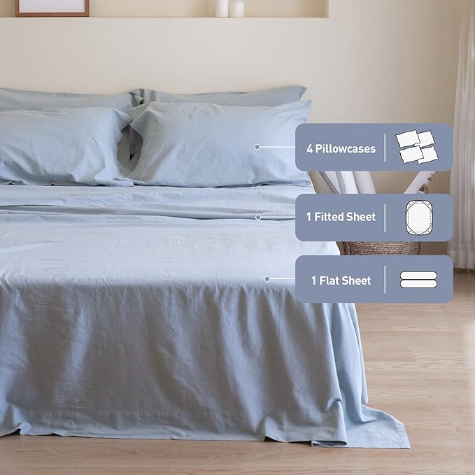 Simple&Opulence Belgian Linen Sheet Set Solid Color - 6 Pieces (1 Flat Sheet & 1 Fitted Sheet & 4 Pillowcases) 16" Deep Pocket Natural Flax Cotton Blended Soft Bedding - Dusty Blue, King Size