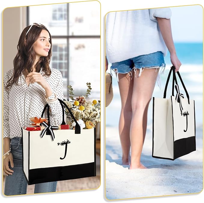 Personalized Gifts for Women - Initial Canvas Tote Bag & Makeup Bag, Custom Bags for Beach, Christmas, Wedding, Birthday, Holiday, Monogram Birthday Gifts for Women, Mom, Wife, Teacher, Friend