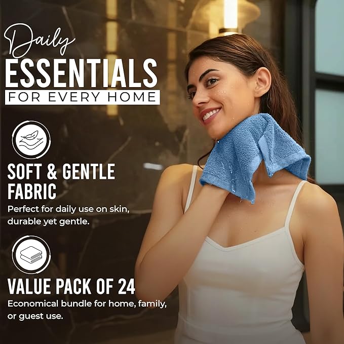 RIVERSIDE 24 Pack Washcloths Set - 100% Cotton [12x12 Inches] - 500 GSM, Soft, Quick-Dry & Highly Absorbent Face Towels - Perfect for Bathroom, Gym, Hotel, Spa & Travel - Electric Blue