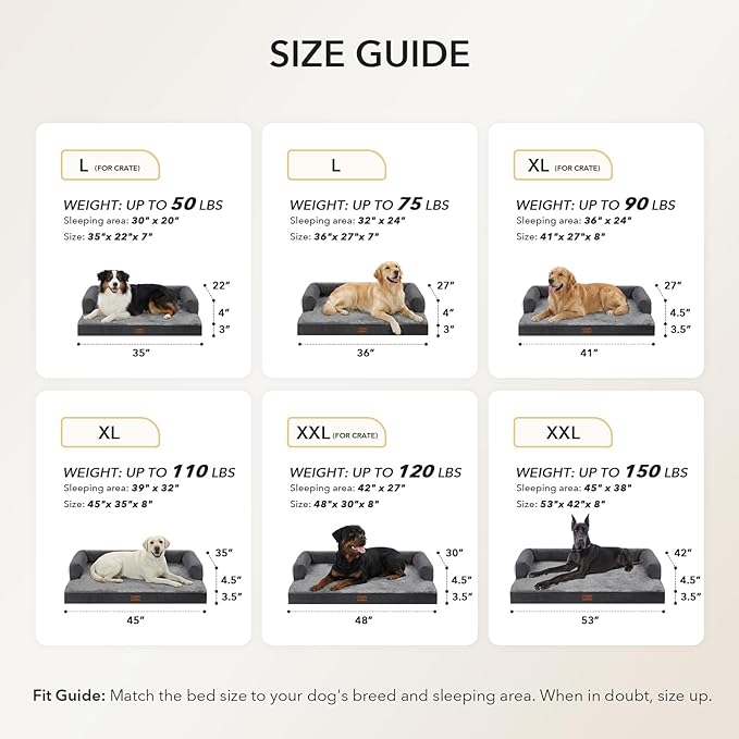 Casa Paw Orthopedic Dog Beds for Large Sized Dogs, Waterproof Egg Crate Foam Large Dog Couch Beds with Comfy Bolster 36x27Inch, Washable Pet Beds with Removable Cover and Nonskid Bottom, Dark Grey