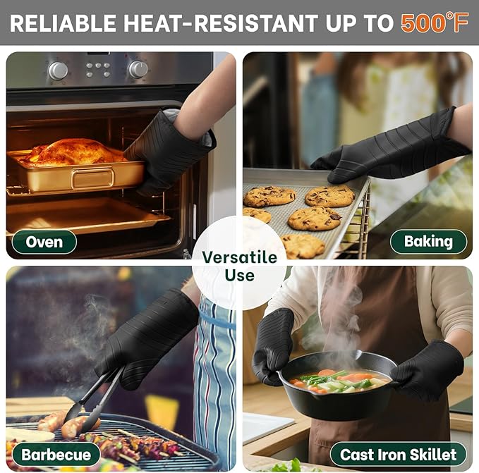 Beneno Heat Resistant Silicone Oven Mitts BPA-Free, Non-Slip Textured Grip & Quilted Cotton Lining, Waterproof Kitchen Mitt 2-Pack Set, 7"x13", Black