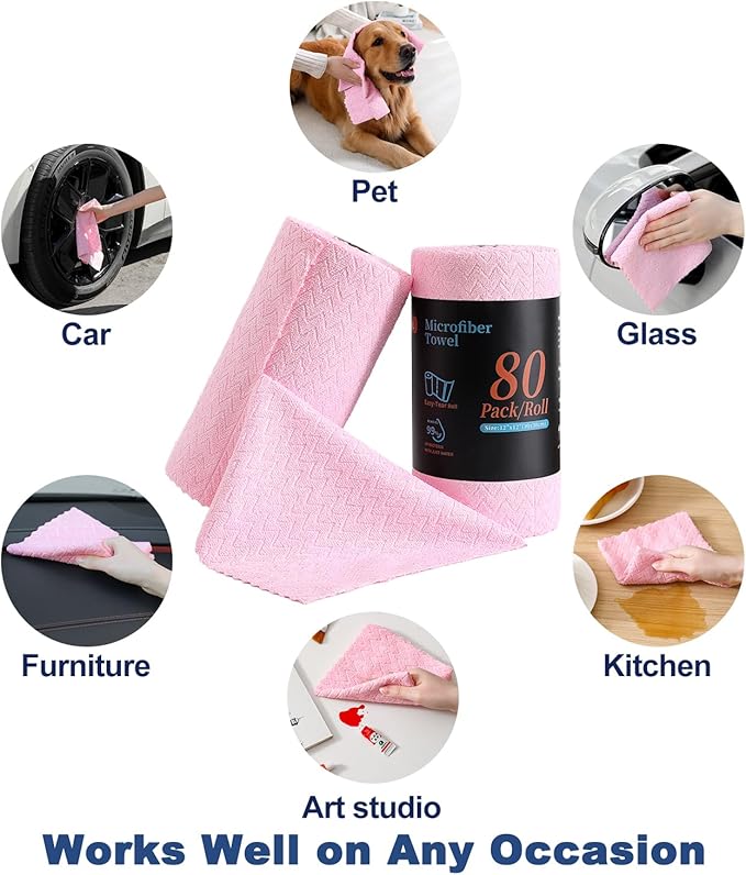 Tigona 80 Pack Microfiber Cleaning Cloth Roll Reusable Paper Towels 12"x12" Tear Away Cloth,Absorbent Dish Rags for House Kitchen,Wash Cloths,Lint Free Rags for Window Cars Cleaning Supplies