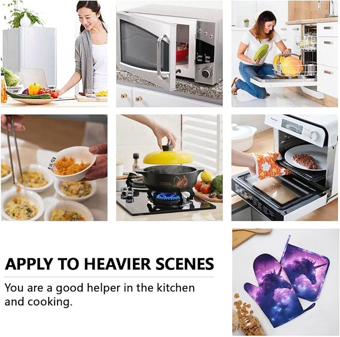 Purple Unicorn Galaxy Star Oven Mitts And Pot Holders Set Of 4 Silicone Heat Resistant Oven Mitten Potholders Non Slip Gloves Kitchen Decor For Bbq Cooking Grilling Baking
