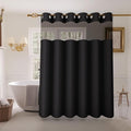 Inhousolu Long No Hook Shower Curtain with Snap in Fabric Liner Set Waffle Weave 230GSM Weighted Hem, Waterproof & Washable Bathroom Curtain Spa Luxury with Mesh Top Window 72" W x 78" L Black