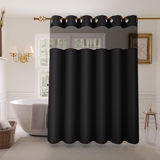 Inhousolu Long No Hook Shower Curtain with Snap in Fabric Liner Set Waffle Weave 230GSM Weighted Hem, Waterproof & Washable Bathroom Curtain Spa Luxury with Mesh Top Window 72" W x 78" L Black