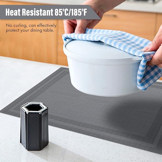 Winknowl Placemats Set of 8，Heat Resistant Woven Vinyl Washable PVC Place Mats，Non-Slip Stain Resistant Indoor/Outdoor Table Mats for Dining Table (Grey)