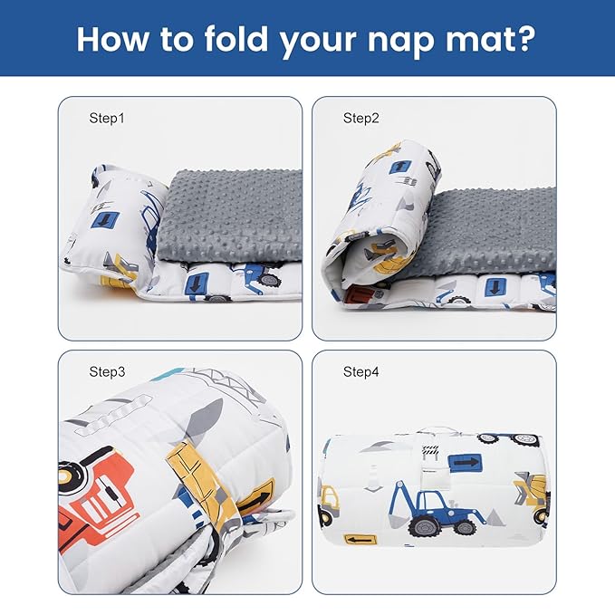 PHF Toddler Nap Mat with Removable Pillow and Minky Fleece Blanket, Rollup Design Warm Slumber Bags for Boys, 52"x20" Kids Sleeping Bag for Daycare Preschool Travel Camping, Truck and Digger