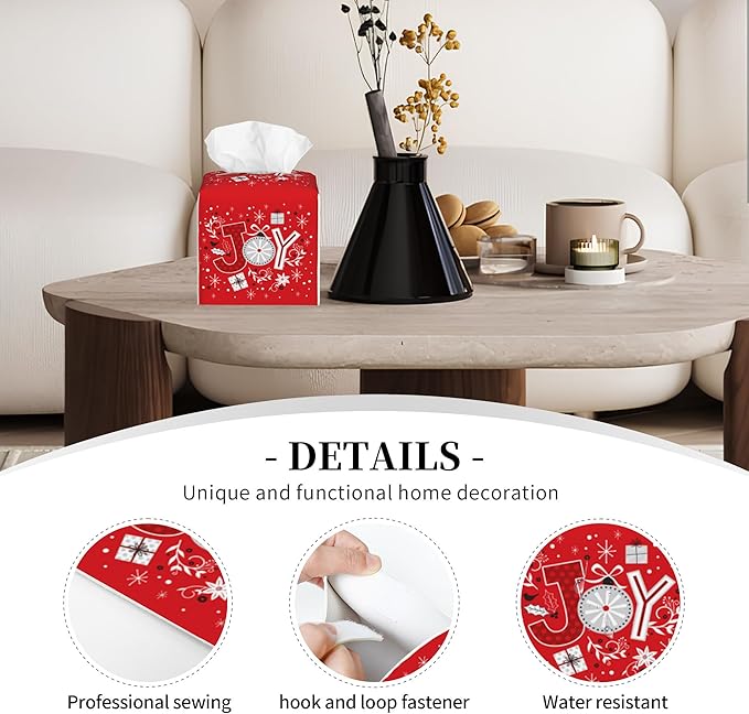 POIUBLE Snowflake Tissue Box Holder Merry Christmas Joy Words Tissue Box Cover Square Leather Tissue Holder Organizer Portable Decorative Facial Paper Case for Home Office Bathroom Vanity Countertop