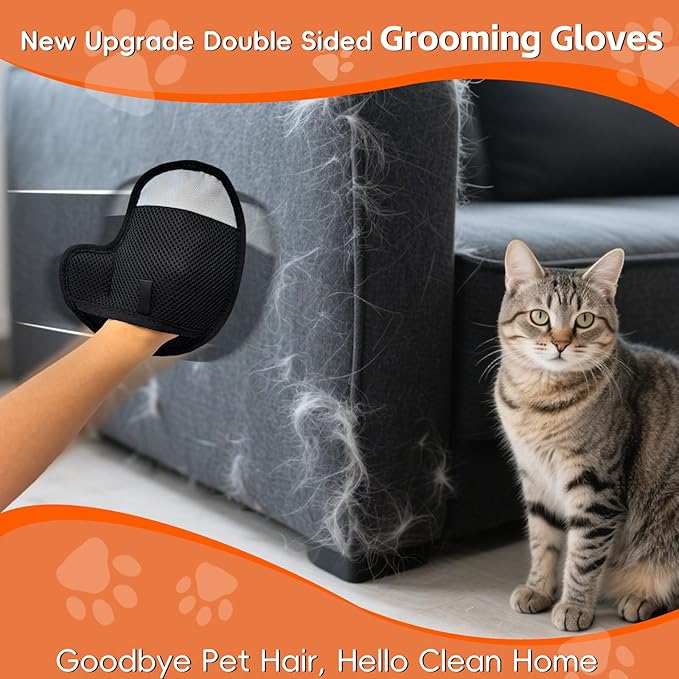 2 Pcs Pet Hair Remover Gloves for Cats & Dogs, Electrostatic Cat Hair Remover Dog Grooming Gloves, Reusable Pet Hair Cleaning Tool Washable Pet Hair Mitt for Carpet Curtain Clothing Couch Car Seat