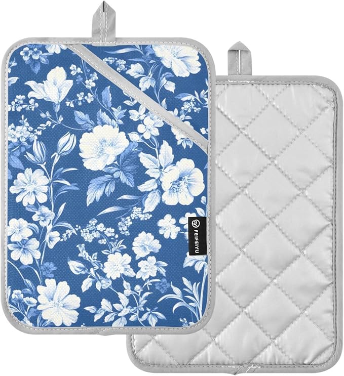 Pot Holders Set of 2 Blue Flower Hot Pads for Kitchen Heat Resistant Potholders Sets for Kitchen and Baking 7x9.8in