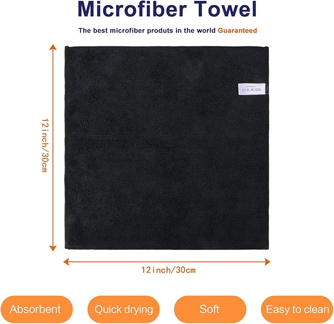 KinHwa Kitchen Washcloths for Dishes Absorbent Microfiber Dish Cloths Quick Dry Dish Rags with Poly Scour Scrub Side Ideal for Kitchen Cleaning (Black, 12inchx12inch 10 Pack)