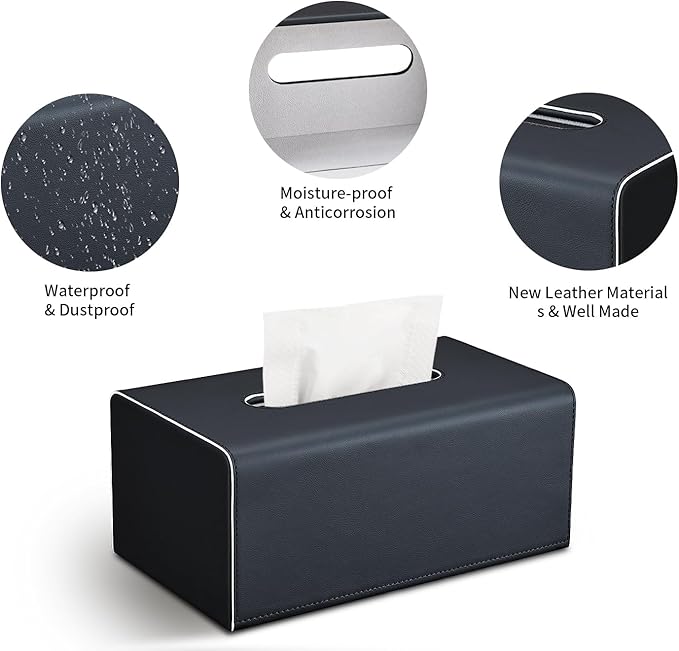 KINGFOM Tissue Box Cover, PU Leather Rectangular Tissue Box Holder with Magnetic Bottom Cover for Facial Tissues/Napkins, Office & Living Room Decor Box (Black)